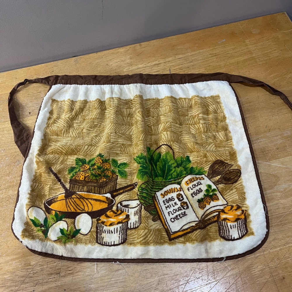 Vtg 70s Terry Towel Half Apron Retro Kitchen Souffle Crepes Baking Graphic Brown